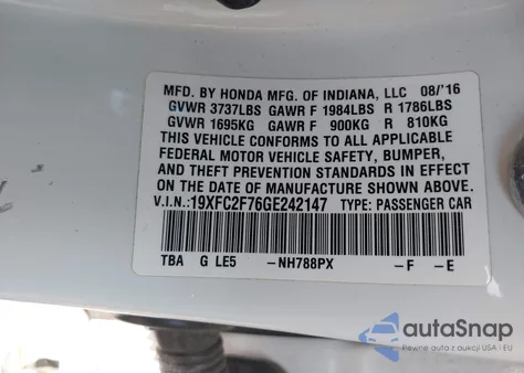 2016 Honda Civic Ex from USA, damaged, VIN 19XFC2F76GE242147